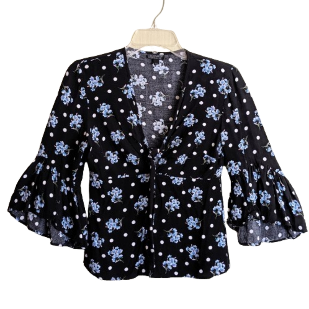 Topshop Y2K Top Blouse Felicity Black Blue Floral Polk-a-dot Tie Front Bell …